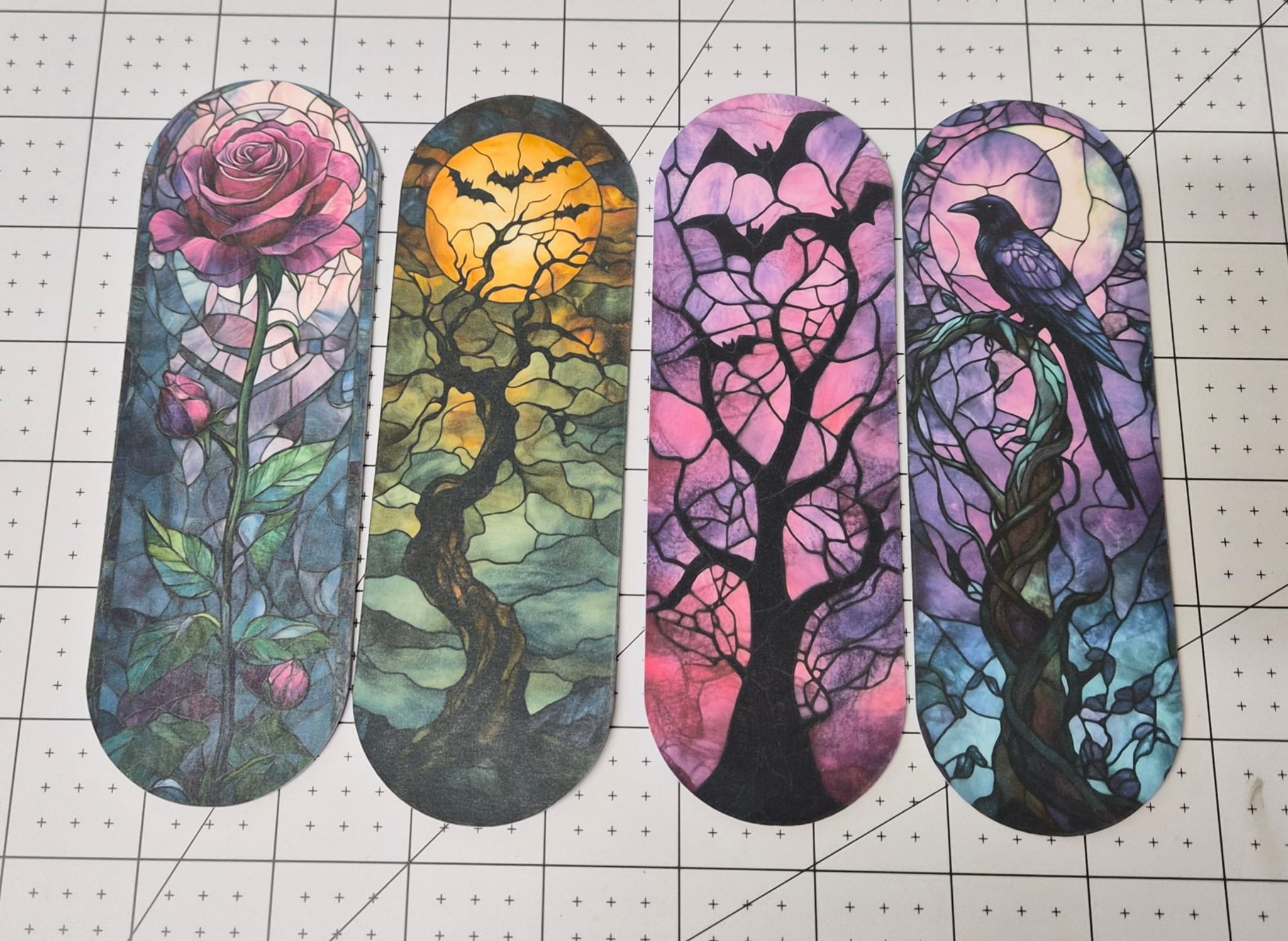 Stained Glass Gothic Bookmarks | Dark Fantasy Bookmark | Moon Bat Raven Rose Bookmark | Gothic Book Lover Gift